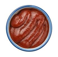 Ketchup isolated on white background, top view photo