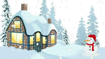 House in the forest with snowfall and animated snowman and christmas greeting video