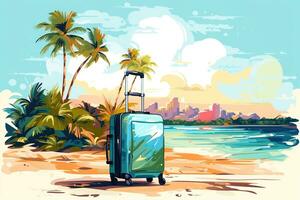 Suitcases stand under palm trees on the ground against the sea. Drawing. Travel concept. photo