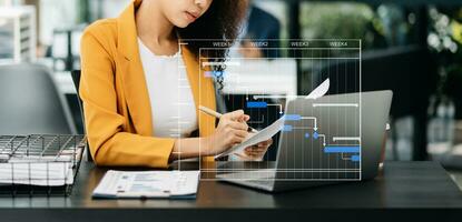 gerente de proyecto trabajando y actualizando tareas con hitos de planificación de progreso y diagrama de programación de diagramas de gantt. negocios que trabajan con teléfonos inteligentes, tabletas y computadoras portátiles foto