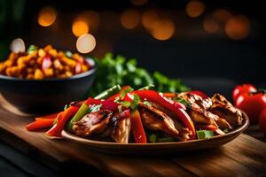 The camera is focusing closely on a Chicken Fajita Bowl, while the background of a lovely oven is not clear photo