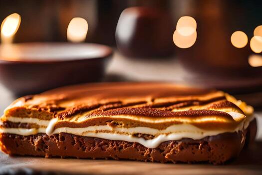 Macro photography focuses on capturing detailed close up shots of objects or subjects, like Tiramisu It often includes a blurred background with attractive bokeh effects photo