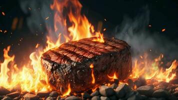 Ai generative, a steak is on fire with flames and rocks video