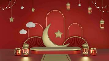 3D red background with ramadhan sale minimalist podium, suitable for product promotion video