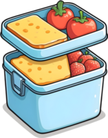 a lunch box with food and fruit on it ai generative png