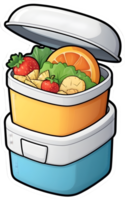 a lunch box with food and fruit on it ai generative png