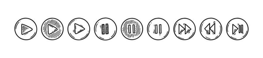 Doodle play, pause, rewind, stop, back buttons. Sketch video and audio computer and media player interface circle icons. Hand drawn music and movie pc symbols vector