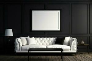 moderno blanco cuero sofá con piernas y cojines en un minimalista vivo habitación con negro paredes, un desván mesa y un blanco lámpara. moderno vivo habitación interior. generado por artificial inteligencia foto