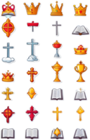 un conjunto de íconos con coronas, coronas, y otro religioso símbolos ai generativo png