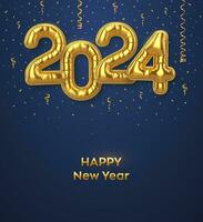 Happy New 2024 Year. Golden foil balloon numbers on blue background. High detailed 3D realistic gold foil helium balloons. Merry Christmas and Happy New Year 2024 greeting card. Vector illustration.