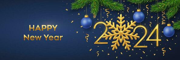 Happy New 2024 Year. Hanging Golden metallic numbers 2024 with snowflake, balls, pine branches and confetti on blue background. New Year greeting card or banner template. Holiday decoration. Vector. vector