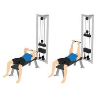 Man doing cable lying tricep extension exercise. vector