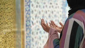 Muslim young woman in hijab is praying in mosque. video