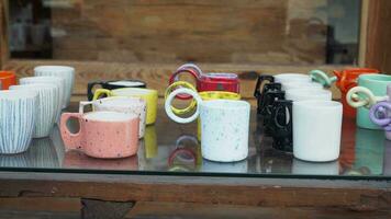 top view of Turkish traditional design ceramic coffee mugs in Old Bazaar video