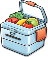 a lunch box with food and fruit on it ai generative png