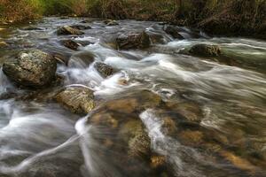 hermosa movimiento difuminar ver de fluido agua en el río con piedras foto