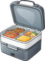 a lunch box with food and fruit on it ai generative png