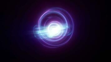 resumen púrpura anillos esferas desde energía magia olas de fumar círculos y brillante líneas en un negro antecedentes video