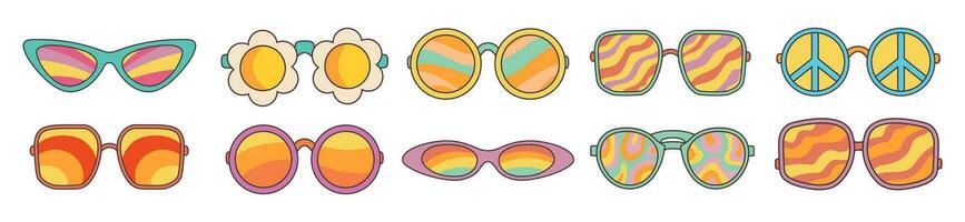 Groovy sunglasses set in retro hippie style. Cartoon psychedelic elements. vector