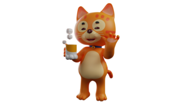 3d illustrazione. carino arancia gatto 3d cartone animato carattere. adorabile arancia gatto Spettacoli un' carino posa. gatto sorridente mentre Tenere un' bicchiere di caldo bere. 3d cartone animato personaggio png