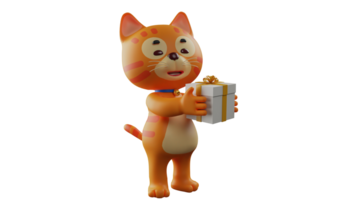 3d illustratie. romantisch kat 3d tekenfilm karakter. schattig oranje kat staand terwijl draag- een geschenk doos. schattig kat glimlacht zoet en looks schattig. 3d tekenfilm karakter png