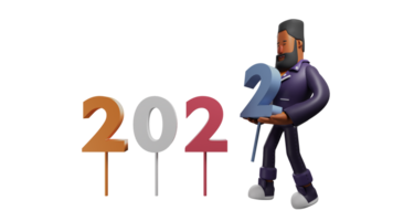 3D illustration. Diligent Bearded Man 3D Cartoon Character. Kind man is arranging the numbers 2022 for new year celebration decoration. A cool guy who can't wait to throw a party. 3D cartoon character png