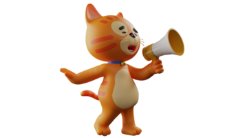 3d illustration. chat 3d dessin animé personnage. un actif chat est parlant en utilisant une mégaphone. le Orange chat regards excité à faire un annonce. 3d dessin animé personnage png