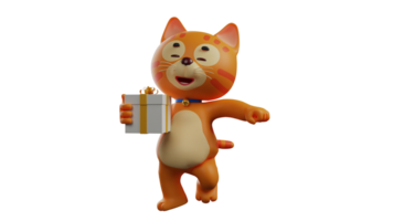 3d ilustración. alegre gato 3d dibujos animados personaje. el naranja gato anduvo a zancadas emocionado sonriente naranja gato que lleva un blanco regalo caja. adorable gato. 3d dibujos animados personaje png