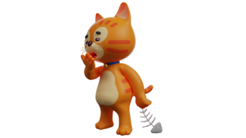 3d illustration. somnolent Orange chat 3d dessin animé personnage. Orange chat des promenades tandis que tirant poisson os. adorable chat couvrant ses bouche tandis que bâillement. somnolent Orange chat. 3d dessin animé personnage png