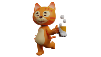 3D illustration. Thirsty Cat 3D Cartoon Character. Orange cat in walking pose. The cat walks while carrying a glass of warm drink. Cute cat looks excited. 3D cartoon character png