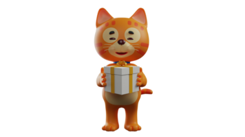 3d ilustración. adorable gato 3d dibujos animados personaje. naranja gato destacado arriba mientras que lleva un regalo caja utilizando ambos manos. un naranja gato ese mira cariñoso. 3d dibujos animados personaje png