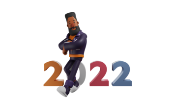 3D illustration. Cool Bearded Man 3D Cartoon Character. A bearded man stands while leaning on the number 2022. The bearded man crosses his arms and shows a charming smile. 3D cartoon character png