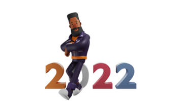 3d illustration. cool barbu homme 3d dessin animé personnage. une barbu homme des stands tandis que penché sur le nombre 2022. le barbu homme des croix le sien bras et spectacles une charmant sourire. 3d dessin animé personnage png