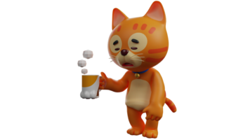 3d illustrazione. arancia gatto 3d cartone animato carattere. stanco arancia gatto in piedi mentre Tenere un' bicchiere di caldo bere. il arancia gatto mostrato un esausto espressione. 3d cartone animato personaggio png
