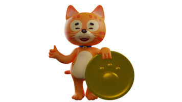 3d illustrazione. ricco gatto 3d cartone animato carattere. arancia gatto in piedi mentre Tenere oro monete. il riuscito gatto sorrise felicemente mostrando il oro monete lui avuto. 3d cartone animato personaggio png