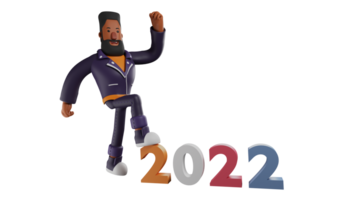 3D illustration. Lively Man 3D Cartoon Character. An attractive man in a walking pose on the number 2022. Man who is excited to welcome the new year which will soon be celebrated. 3D cartoon character png