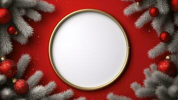 Round white frame spruces baubles ai generated banner background copy space photo