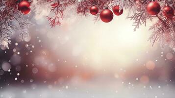 Bokeh snow spruce baubles red ai generated banner background copy space photo