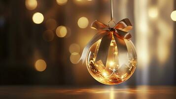 Shining bauble with ribbon ai generated banner background copy space photo