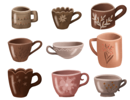 Hand drawn cups collection. Brown Illustration teacups for tea ceremony .  isolated on transparent background.  Illustration drink mug, cup coffee tea png
