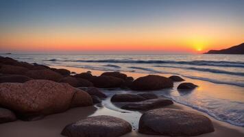Rocky Beach Sunset Shoreline with Seagulls. photo