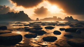 Abstract minimal concept. Dark background with natural granite stones podium on water and smoke surrounding. photo
