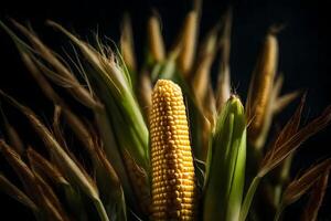 The picture is a close up view of corn against a dark background in a photo studio AI Generated