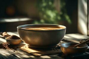 A cup of delicious Indian spiced tea is sitting on a sunny windowsill in the kitchen AI Generated photo