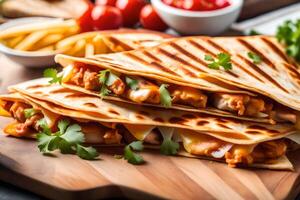 A zoomed in picture of a Chicken Quesadilla with a very bright background taken in a photography studio photo