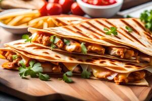 A zoomed in picture of a Chicken Quesadilla with a very bright background taken in a photography studio AI Generated photo