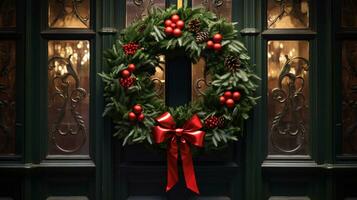 ai generative Christmas wreath with red bow and berries on the door close up photo