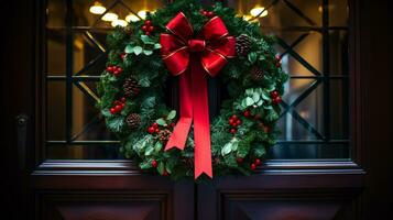 ai generativo Navidad guirnalda con rojo arco y bayas en el puerta cerca arriba foto