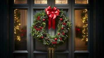 ai generativo Navidad guirnalda con rojo arco y bayas en el puerta cerca arriba foto