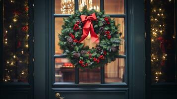 ai generativo Navidad guirnalda con rojo arco y bayas en el puerta cerca arriba foto